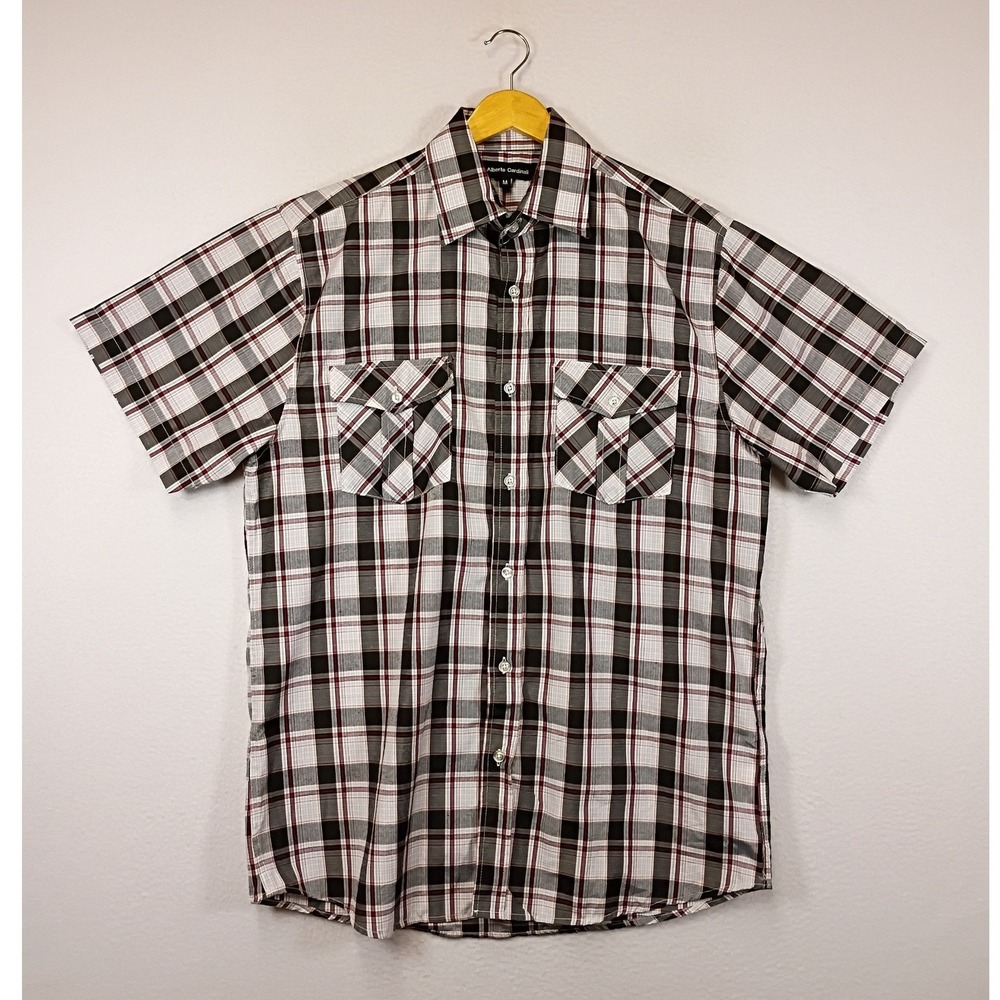 Classic Plaid Alberto Cardinali Mens Medium Black White Red Short Sleeve Shirt
